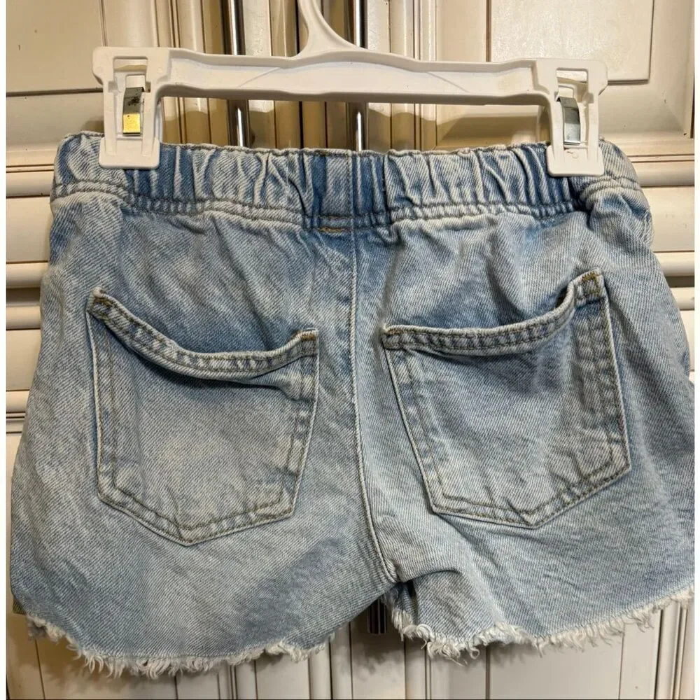 Zara Girls Elastic Waist Drawstring Frayed Denim Cut Off Short Wash Blue Size 8